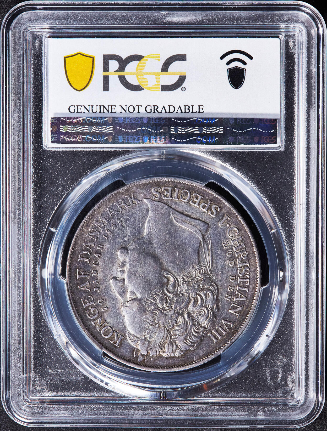 【俄甄集藏】2025年(045)12-03 星期三 晚 19:30 全场包邮 丹麦1848年纪念克里斯蒂安八世逝世-弗雷德里克七世即位双帝头像1斯比西达勒大银币，PCGS AUD，原味酱彩老包浆，细节犀利，名誉品种，发行量47000枚