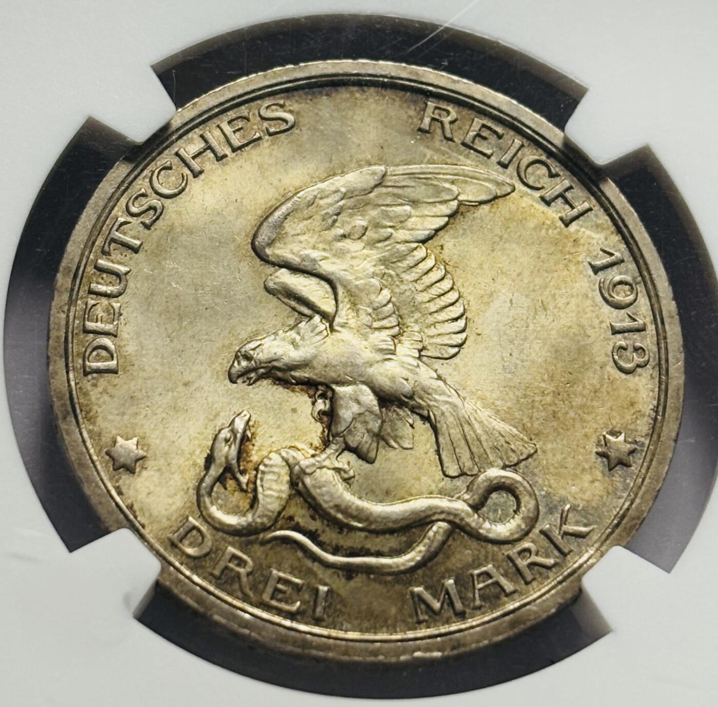 文馨钱币收藏第 283 场，【大雪鉴珍，寒英缀金】金银纪念币精品场，诚邀您的参与【长期接代拍品】  1913年德国普鲁士战胜拿破仑3马克纪念银币，NGC 评级 MS64 分