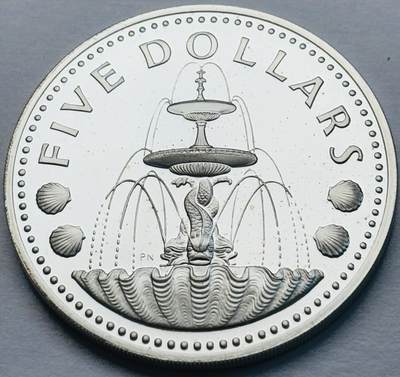 文馨钱币收藏第 283 场，【大雪鉴珍，寒英缀金】金银纪念币精品场，诚邀您的参与【长期接代拍品】 - 全新 1974 年巴巴多斯 5 元精制大银币，31.1 克 800 高银