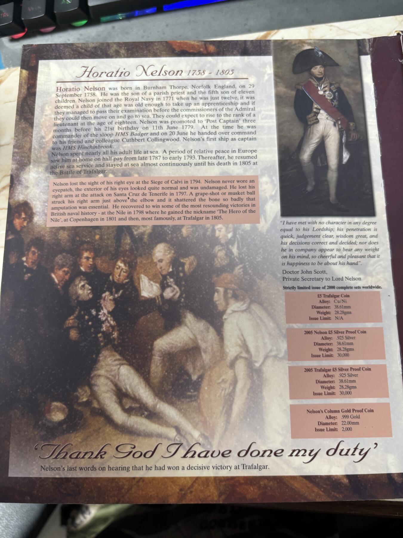 第184期拍卖  英国2005年纪念特拉法加海战2银一镍套币，925银，28.28克*2，,有瑕疵，银价725