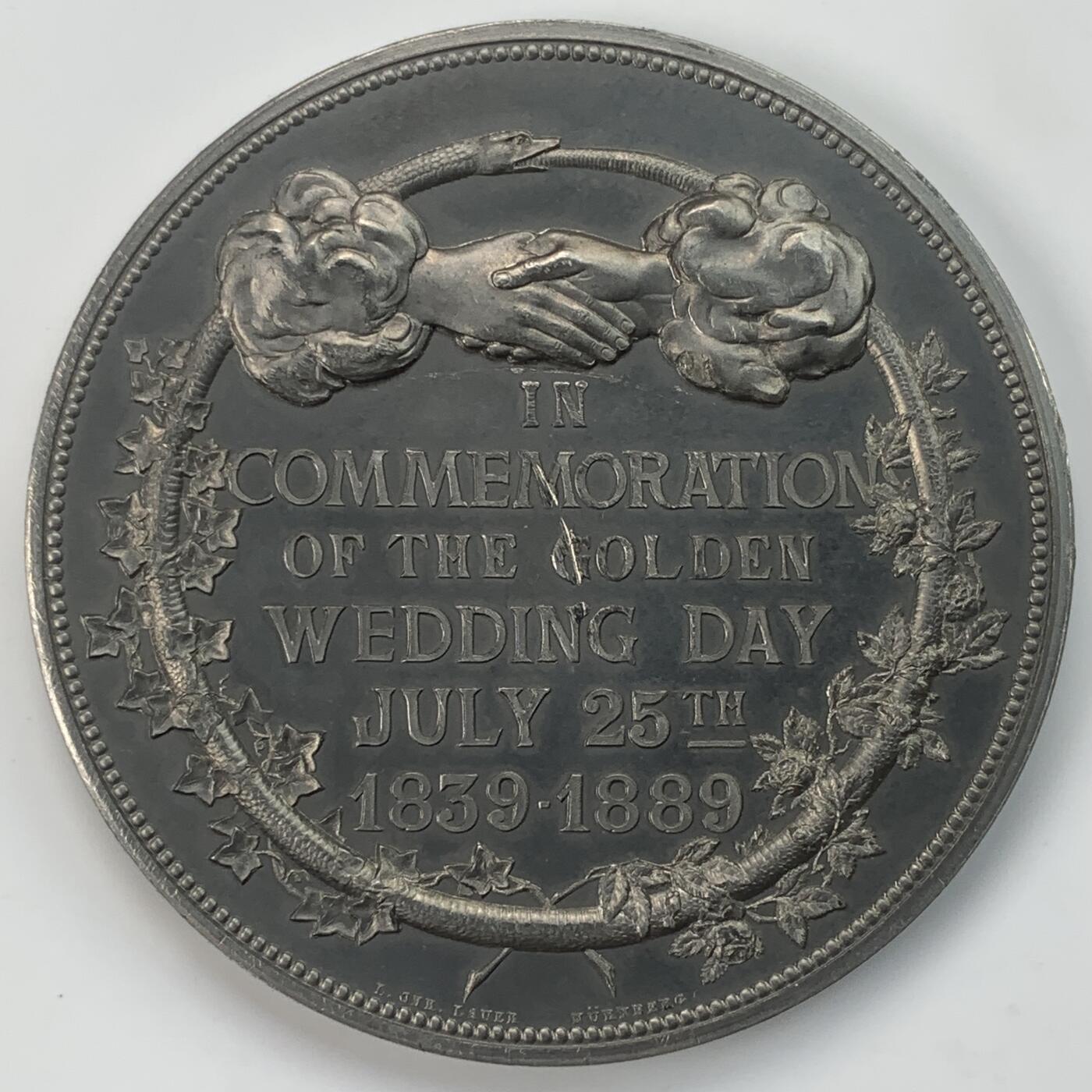 掌中浮雕-藏着的欧洲第044场 1889年格拉德斯通金婚纪念章 , 60mm， L .C. Lauer雕刻，合金材质，非常精美，罕见！