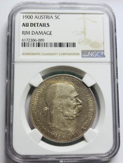 文馨钱币收藏第 283 场，【大雪鉴珍，寒英缀金】金银纪念币精品场，诚邀您的参与【长期接代拍品】 - 少见 1900 年奥地利约瑟夫一世 5 克朗大银币，首发版 NGC 评级 AUD