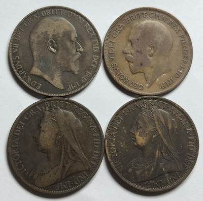 文馨钱币收藏第 283 场，【大雪鉴珍，寒英缀金】金银纪念币精品场，诚邀您的参与【长期接代拍品】 - 好品英国维多利亚，爱德华七世，乔治五世，三代同堂 1 便士大铜币，4 枚