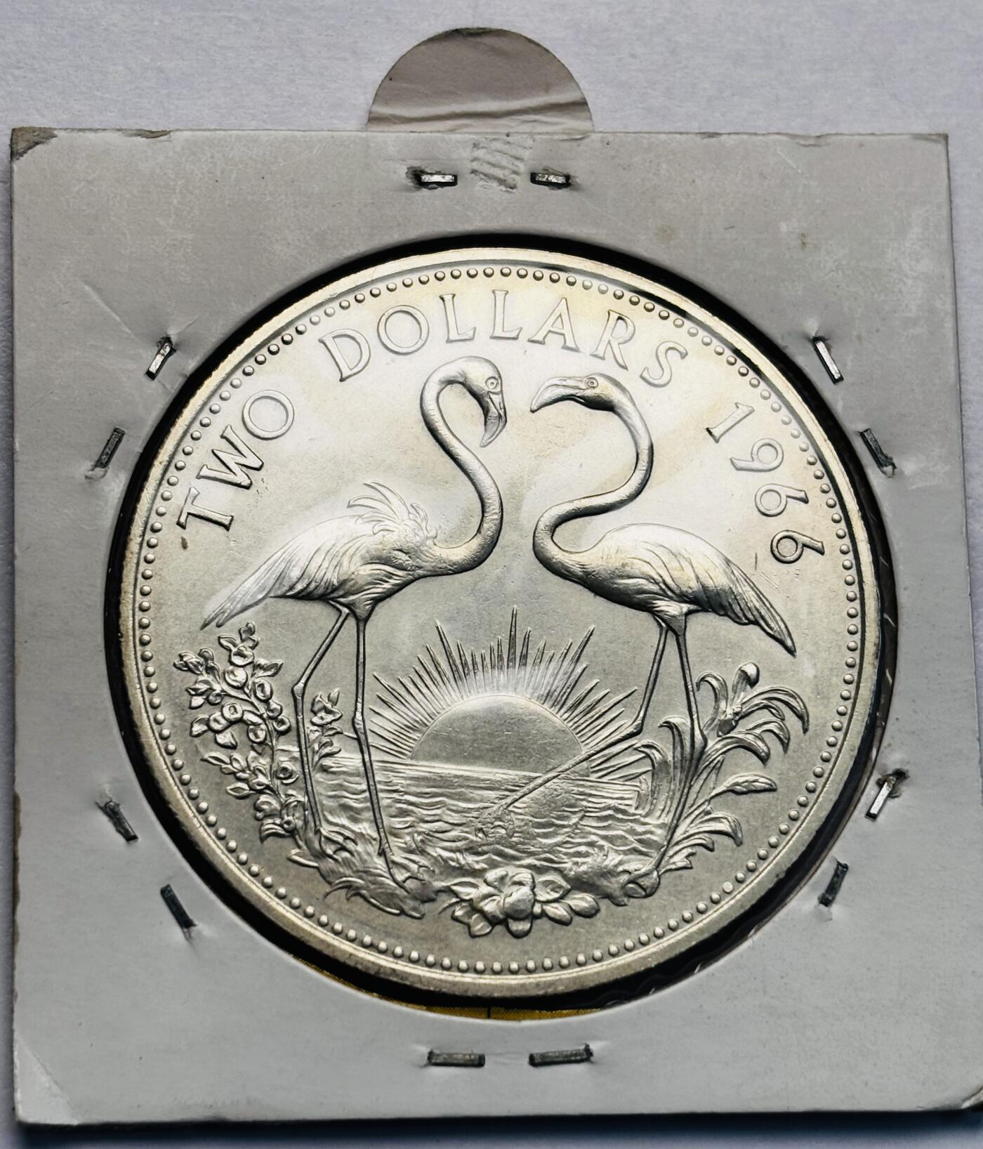 文馨钱币收藏第 283 场，【大雪鉴珍，寒英缀金】金银纪念币精品场，诚邀您的参与【长期接代拍品】 原光品相 1966 年英属巴哈马 2 元精制大银币，第一版首发年 29.8 克 925 高银，仅发行 20 万枚