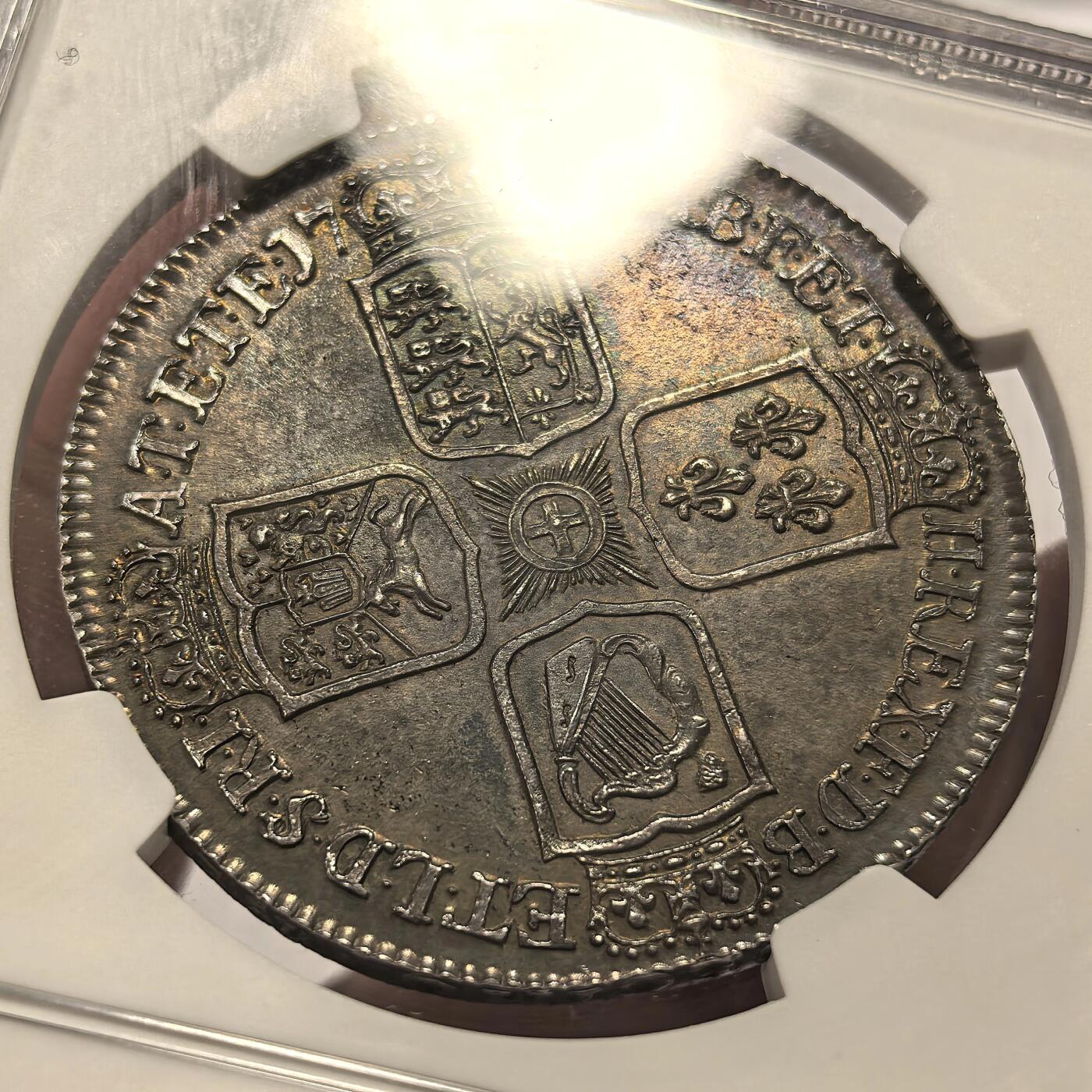 博洋堂世界钱币拍卖第150期（全场包邮） NGC MS61 英国1746年乔治二世LIMA克朗银币 名誉品克朗，材料来自130万枚8里亚尔银币，彩和状态都很好，味道十足；