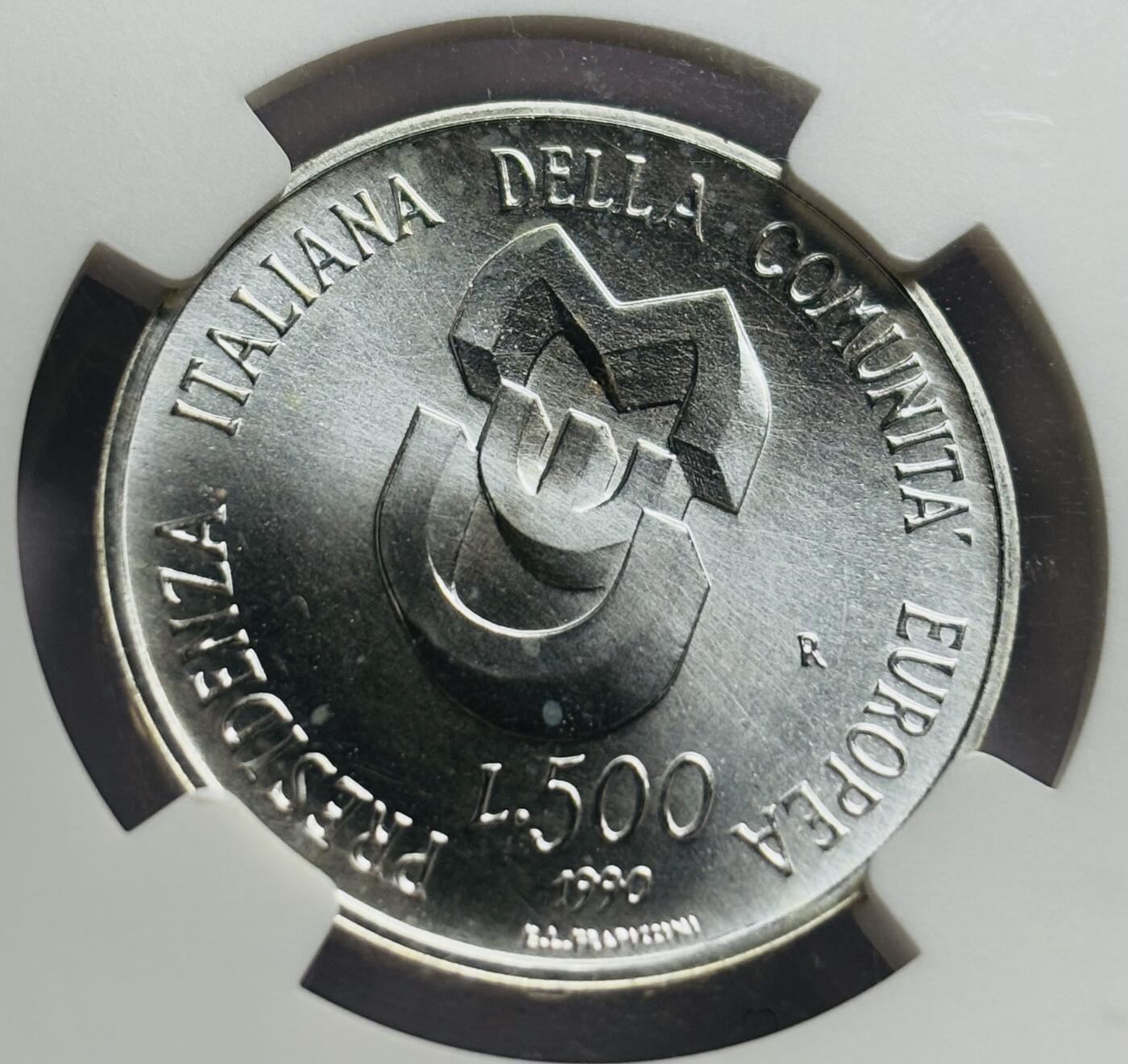 文馨钱币收藏第 283 场，【大雪鉴珍，寒英缀金】金银纪念币精品场，诚邀您的参与【长期接代拍品】 1990 年意大利担任欧共体理事会轮值主席国 500 里拉银币 NGC 评级 MS64 分