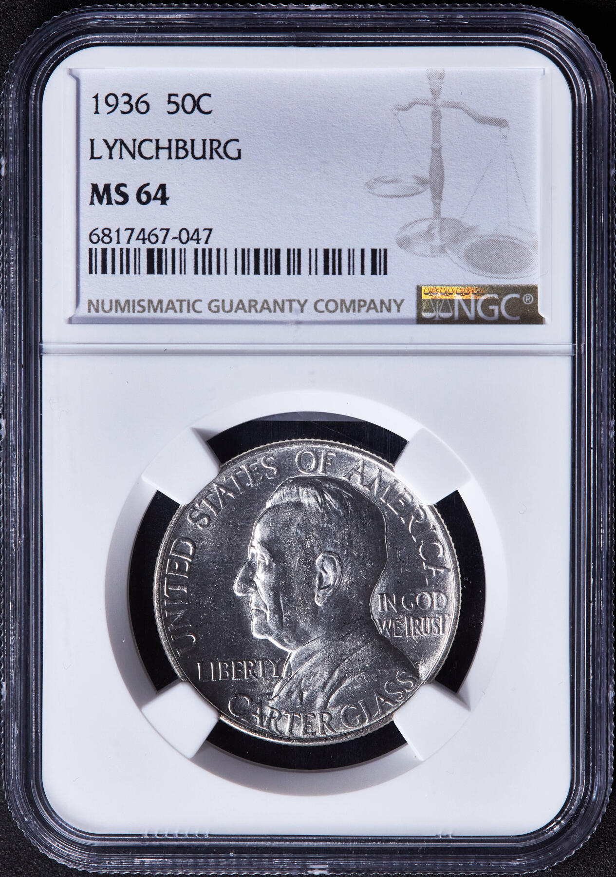 【俄甄集藏】2025年(045)12-03 星期三 晚 19:30 全场包邮 美国1936年纪念弗吉尼亚州林奇堡建城150周年50美分银币，NGC MS64，转光品相，正面人物为弗吉尼亚州代表卡特·格拉斯，稀少品种，发行量20000枚