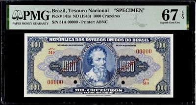 【Blue Auction】世界纸币精拍第758期——18级TOP拍卖/信誉/品质/专业/高效💫 - 【亚军分 该面值首版】巴西1943年1000克鲁塞罗 首位登陆巴西的欧洲人——佩德罗·阿尔瓦雷斯·卡布拉尔 背面大场景《巴西首次弥撒》 ABNC出品 PMG67EPQ 仅3张更高分