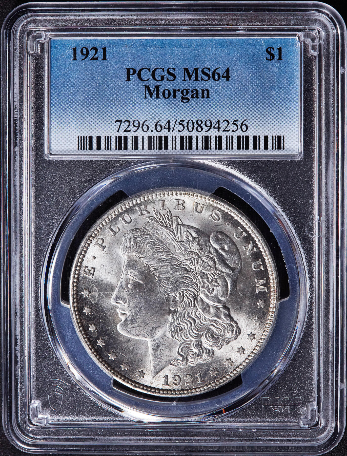【俄甄集藏】2025年(045)12-03 星期三 晚 19:30 全场包邮 美国1921年摩根1美元大银币，PCGS MS64，转光品相