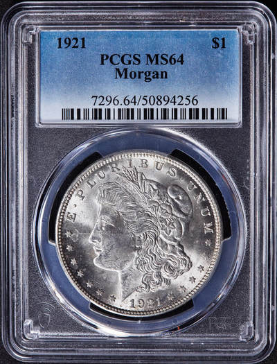 【俄甄集藏】2025年(045)12-03 星期三 晚 19:30 全场包邮 - 美国1921年摩根1美元大银币，PCGS MS64，转光品相