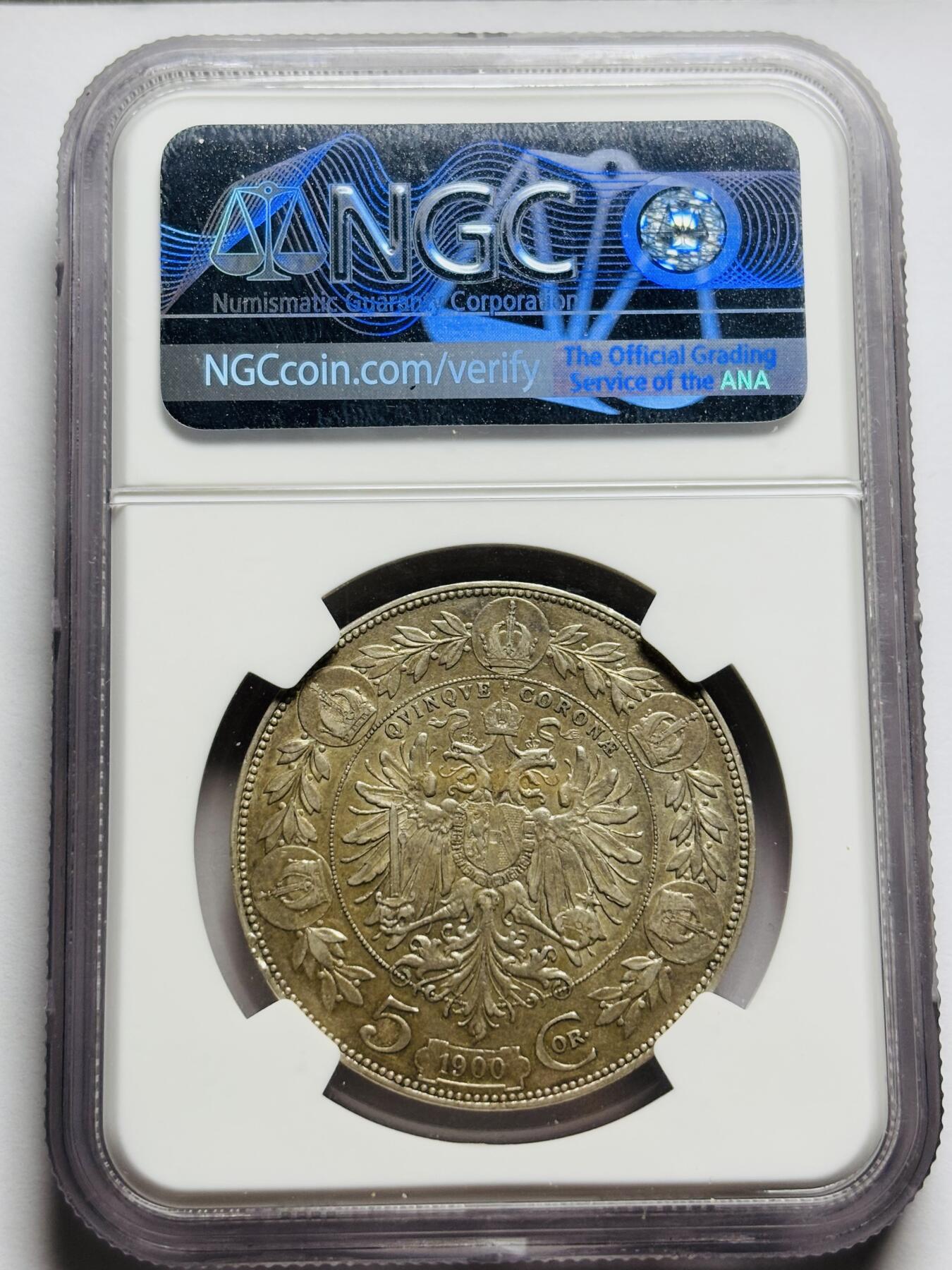文馨钱币收藏第 283 场，【大雪鉴珍，寒英缀金】金银纪念币精品场，诚邀您的参与【长期接代拍品】 少见 1900 年奥地利约瑟夫一世 5 克朗大银币，首发版 NGC 评级 AUD