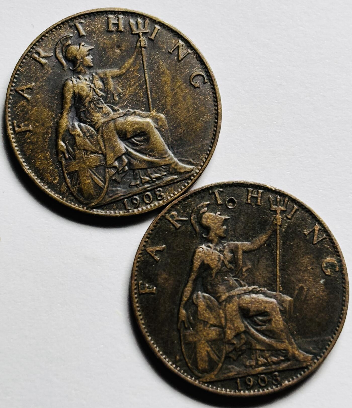 文馨钱币收藏第 283 场，【大雪鉴珍，寒英缀金】金银纪念币精品场，诚邀您的参与【长期接代拍品】 极美品老包浆 1903+1908 年英国爱德华七世法新铜币 2 枚