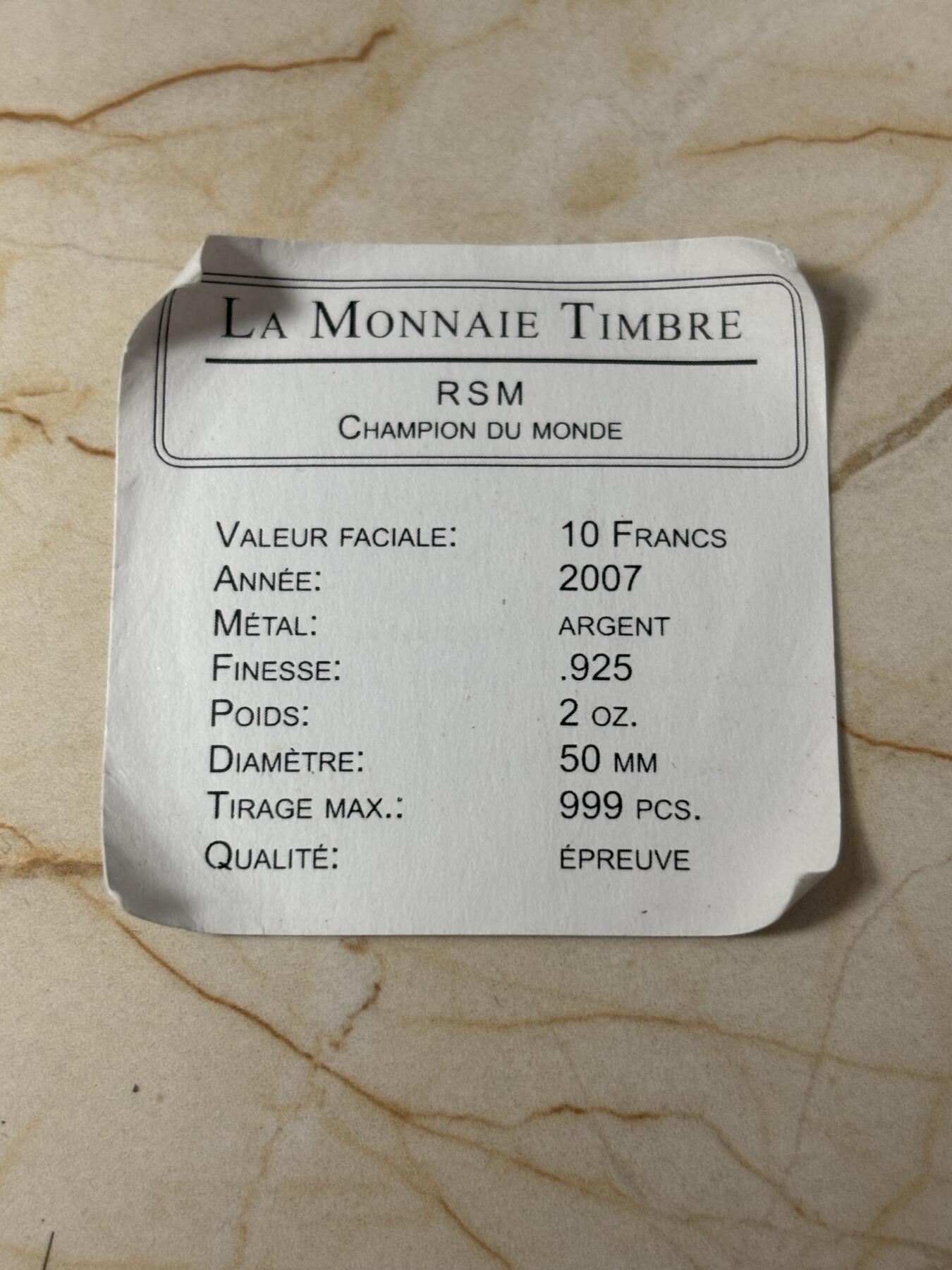 第184期拍卖 刚果2007年舒马赫彩色赛车邮票2盎司精致大银币带证书，925银银价798，发行999枚，有氧化