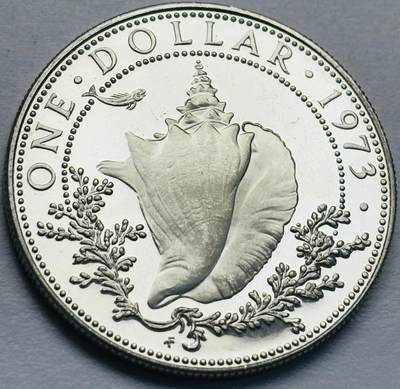 文馨钱币收藏第 283 场，【大雪鉴珍，寒英缀金】金银纪念币精品场，诚邀您的参与【长期接代拍品】 - 原光品相 1973 年巴哈马一元精制银币，第二版关门版只发行三年，18.14 克 800 高银