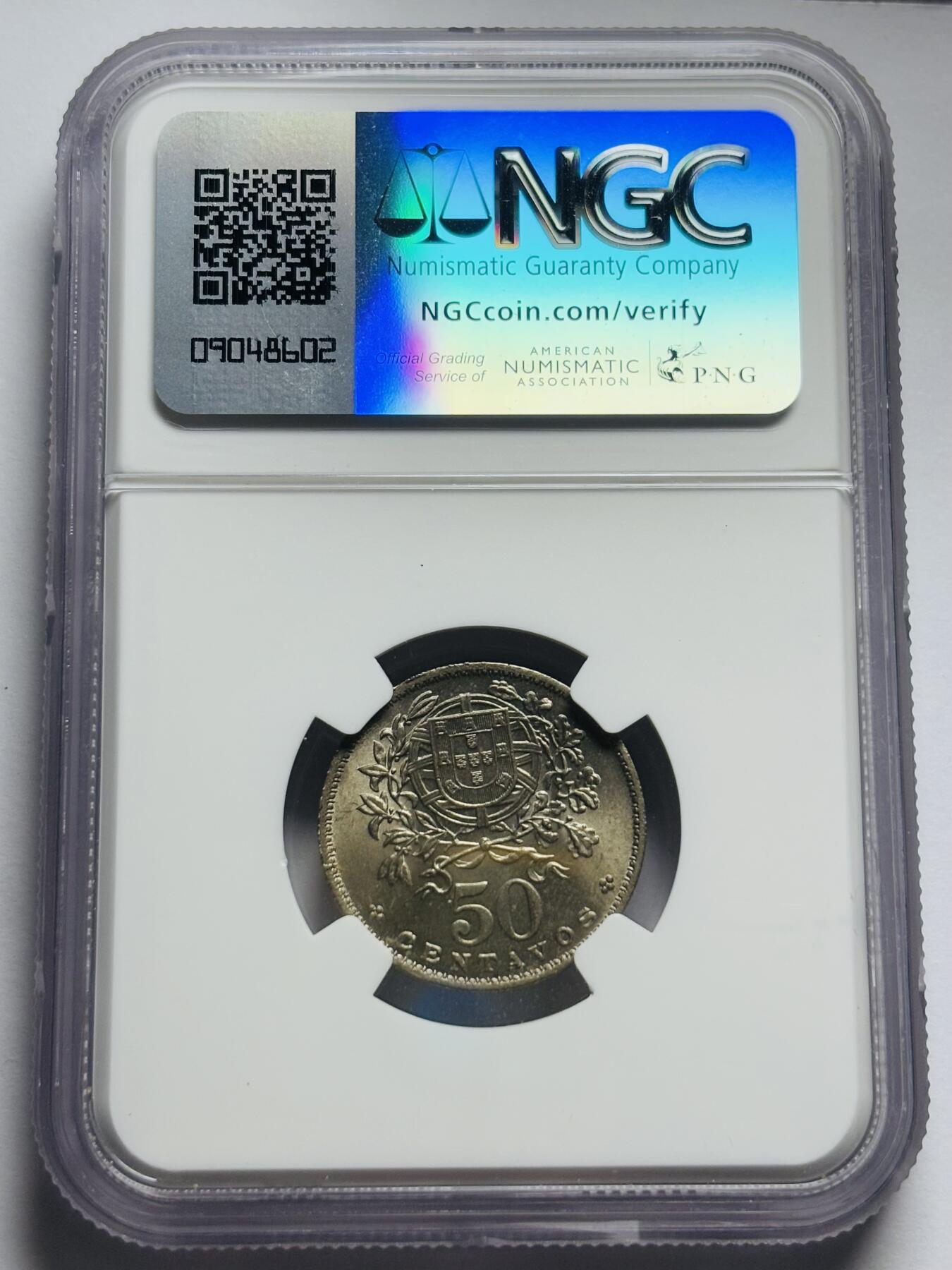 文馨钱币收藏第 283 场，【大雪鉴珍，寒英缀金】金银纪念币精品场，诚邀您的参与【长期接代拍品】 1959 年葡萄牙女神 50 分 NGC 评级 MS65 分