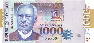 小福收藏拍卖第197期 裸钞场 本期有多张豹子号靓号 百慕大03年50元纪念钞百位号 马来亚和英属婆罗洲开国第一张纸币大冠女王 马来亚 41年1元英王乔六 法属太平洋10000法郎 捷克1000克朗纪念钞千位号  卢森堡 1000法郎  萨尔瓦多样钞 匈牙利 法罗群岛 危地马拉等多国精美纸币 - 海地 2004年 1000古德 纪念钞 无47 紫外有指纹痕 unc