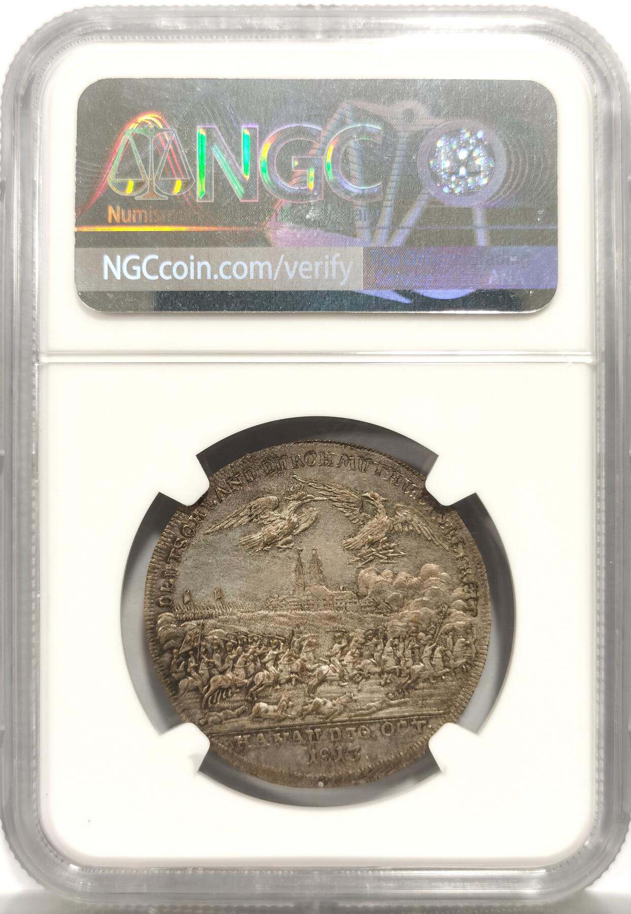 博洋堂世界钱币拍卖第150期（全场包邮） NGC UNCD 德国1813年巴伐利亚王国纽伦堡市反法联盟哈瑙战役胜利镀银纪念章，35mm非常罕见品种，已知评级的该纪念章大多品相很差，该枚纪念章原味未下水老彩老味道，UNC不易。纪念章正面为俄罗斯皇帝亚历山大一世、奥地利皇帝弗朗茨一世和普鲁士国王腓特烈威廉三世手挽手形象以及铭文”三位同盟君主的联盟“，背面为哈瑙战役战场刻画，顶部双头鹰翱翔天空，以及铭文”德国因勇气而获得解放-1813年10月3