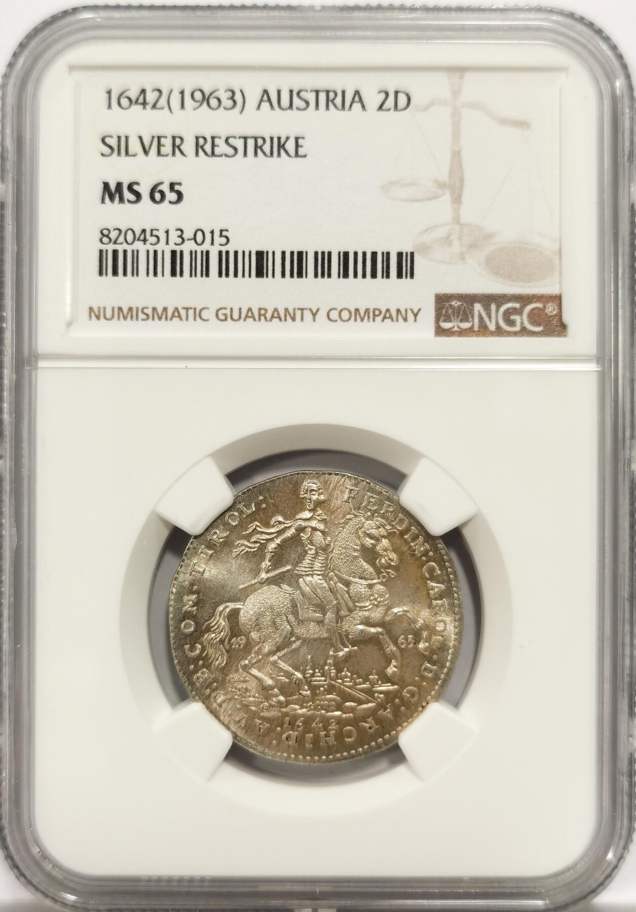 博洋堂世界钱币拍卖第150期（全场包邮） NGC MS65 奥地利1642（1963）后制2D银币