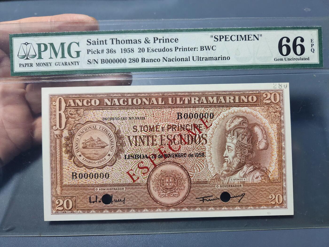 12月5号晚上8点 评级币专场外国纸币自动截拍第68场 圣多美和普林西比 1958年20 样票PMG66