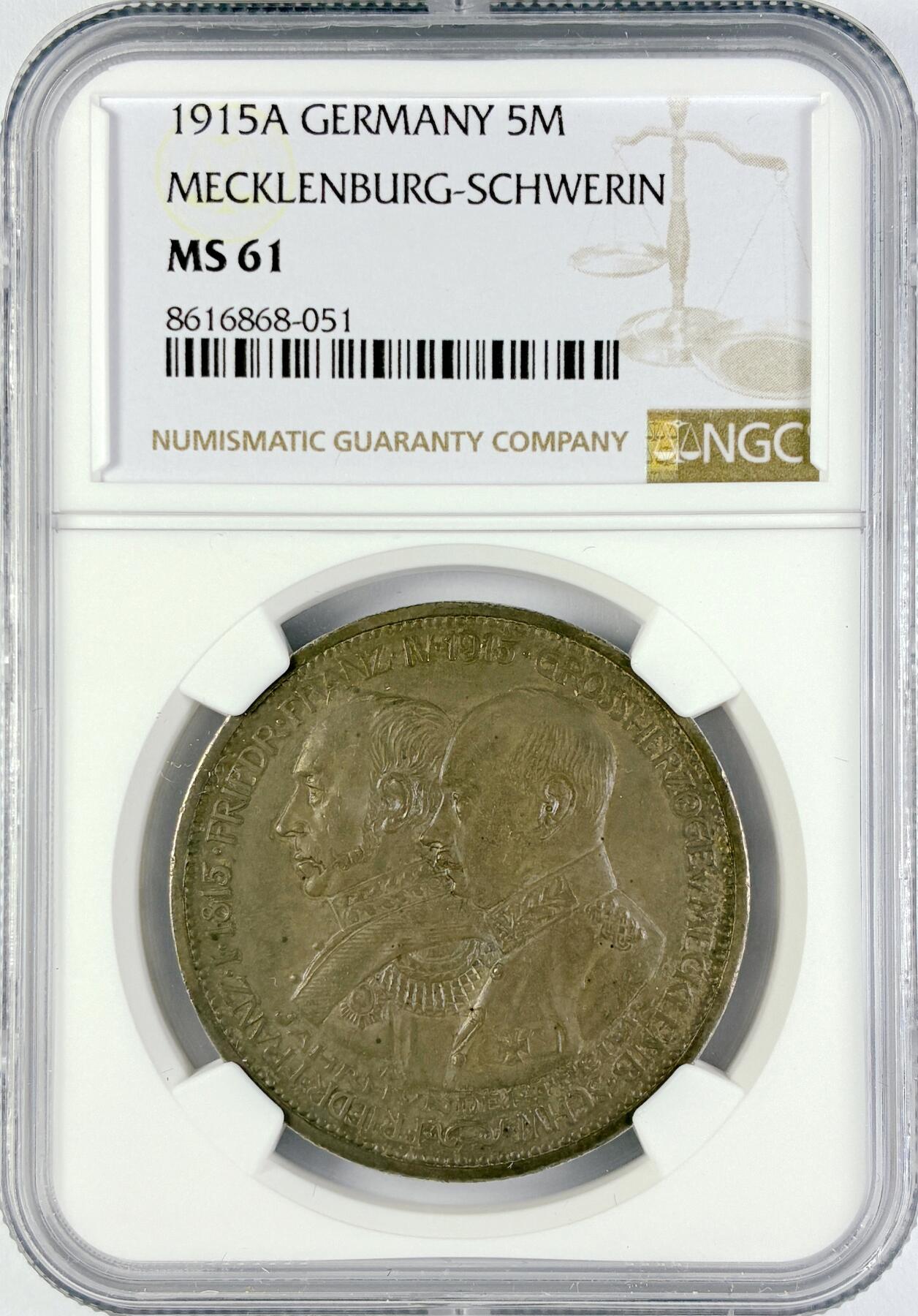 【雨安】【直播拍卖】【世界币章119期-评级币】2025-12-06 周六 19:30 保真 [评级德国] Germany 德国 帝国 J.089 梅克伦堡-什未林 5马克 1915年  NGC-MS61 原味均匀老包浆