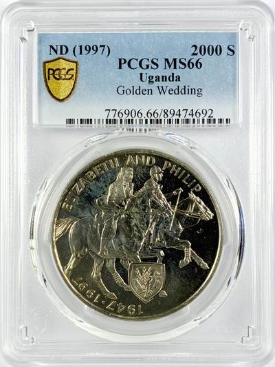 【雨安】【直播拍卖】【世界币章119期-评级币】2025-12-06 周六 19:30 保真 - [评级现代] Uganda 乌干达 2000先令 1997年 金婚  PCGS-MS66