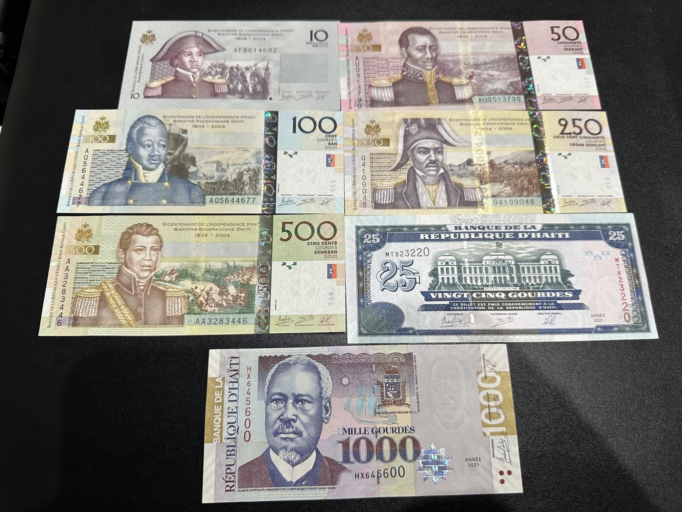 《外钞收藏家》第五百九十一期（畅拍场）（本平台长期征集拍品、欢迎藏友们联系合作） 海地10-1000面额 7张一起 全新UNC