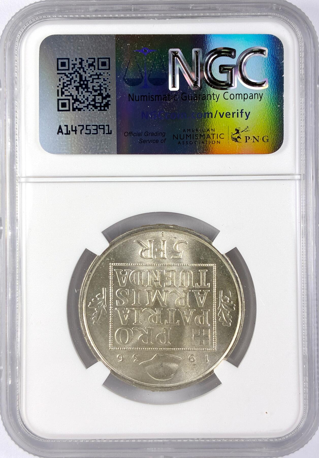 【雨安】【直播拍卖】【世界币章119期-评级币】2025-12-06 周六 19:30 保真 [评级欧洲] Switzerland 瑞士 5法郎 1936年 军备基金 KM# 41  NGC-MS64