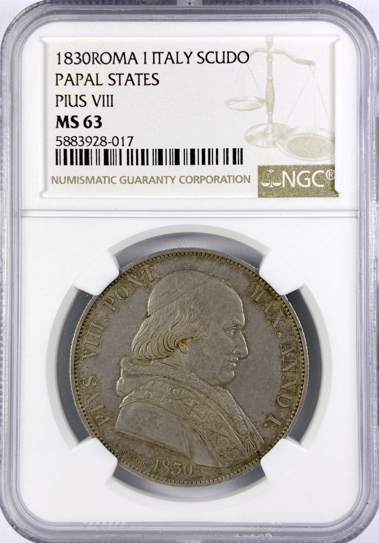 【雨安】【直播拍卖】【世界币章119期-评级币】2025-12-06 周六 19:30 保真 [评级欧洲] Italy 意大利 Papal梵蒂冈 1斯库多 1830年 庇护八世 1830年  NGC-MS63