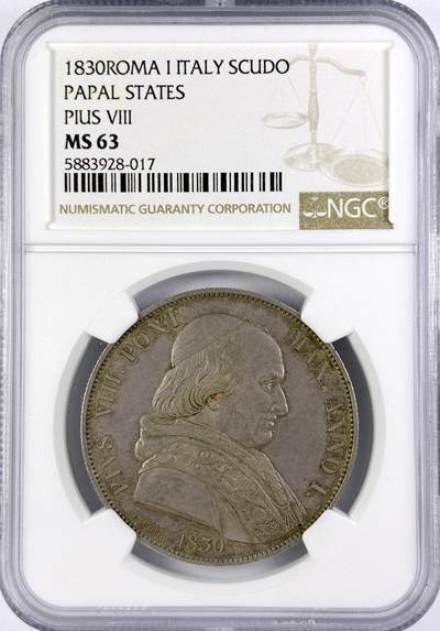 【雨安】【直播拍卖】【世界币章119期-评级币】2025-12-06 周六 19:30 保真 - [评级欧洲] Italy 意大利 Papal梵蒂冈 1斯库多 1830年 庇护八世 1830年  NGC-MS63
