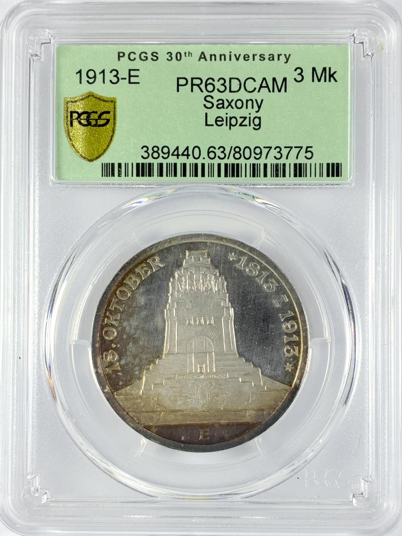 【雨安】【直播拍卖】【世界币章119期-评级币】2025-12-06 周六 19:30 保真 [评级德国] Germany 德国 帝国 萨克森 3马克 (1913) 莱比锡建功碑 PCGS-PR63DCAM