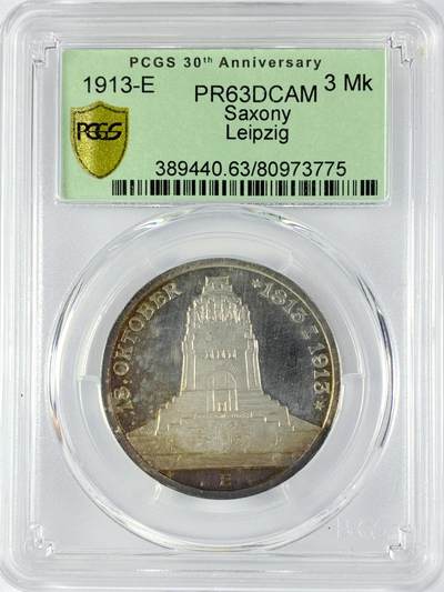 【雨安】【直播拍卖】【世界币章119期-评级币】2025-12-06 周六 19:30 保真 - [评级德国] Germany 德国 帝国 萨克森 3马克 (1913) 莱比锡建功碑 PCGS-PR63DCAM