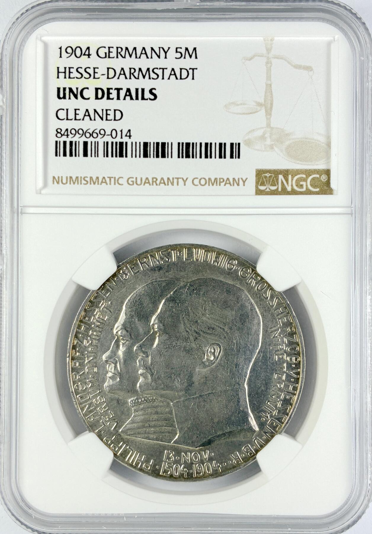 【雨安】【直播拍卖】【世界币章119期-评级币】2025-12-06 周六 19:30 保真 [评级德国] Germany 德国 帝国 J.075 黑森-达姆施塔特 5马克 (1904) 腓力一世400周年 1904年  NGC-UNC