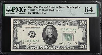 【礼羽收藏】🌏世界钱币拍卖第114期 - 】1950年 正版年份 20美元 号码无4 费城分区C首发A冠 PMG严重低评64（原PCGS 67PPQ，可剪壳博高分）