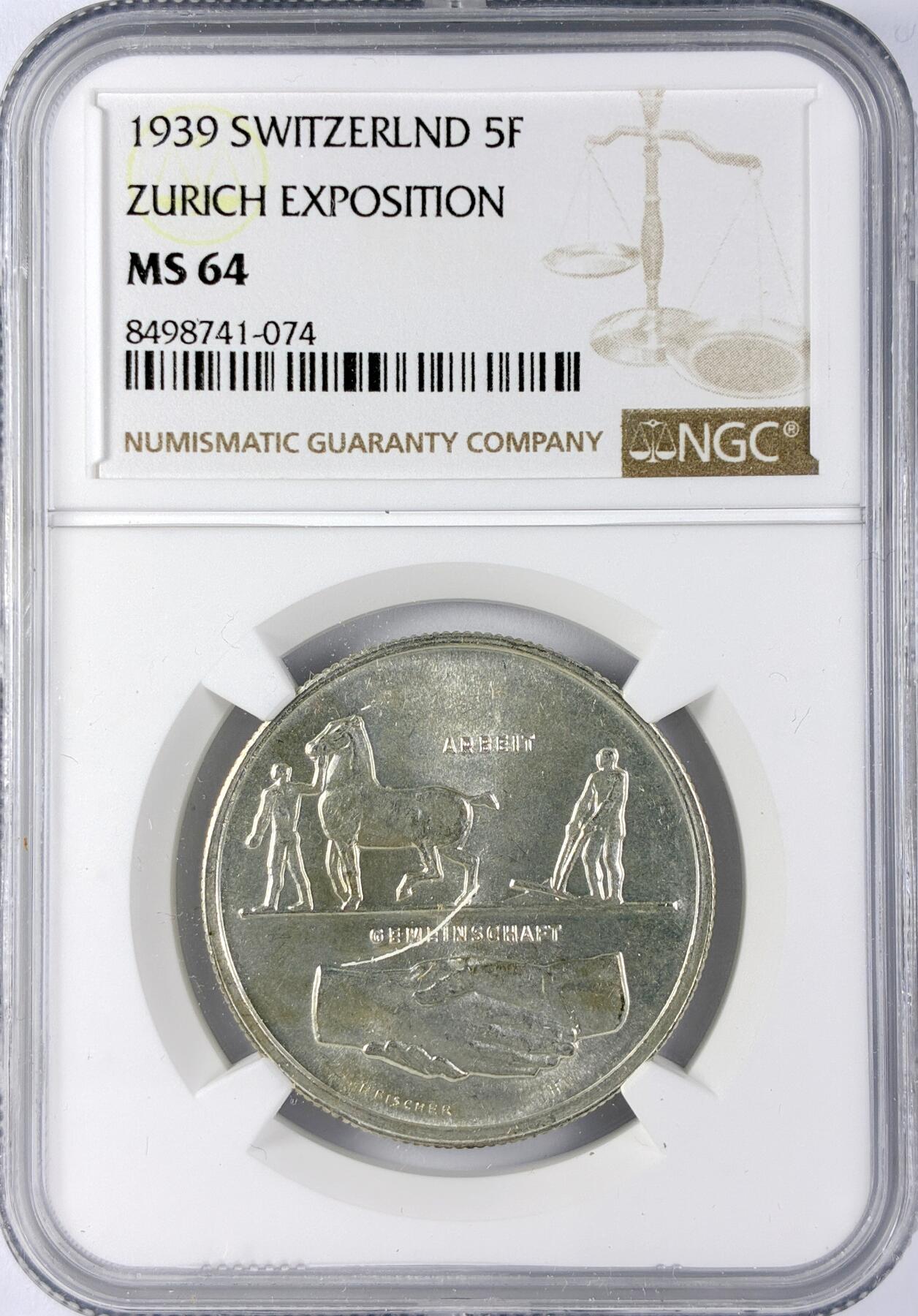 【雨安】【直播拍卖】【世界币章119期-评级币】2025-12-06 周六 19:30 保真 [评级欧洲] Switzerland 瑞士 5法郎 1939年 苏黎世博览会 KM# 43  NGC-MS64