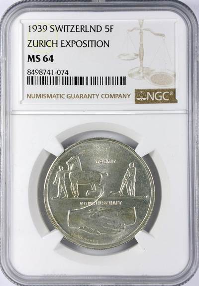 【雨安】【直播拍卖】【世界币章119期-评级币】2025-12-06 周六 19:30 保真 - [评级欧洲] Switzerland 瑞士 5法郎 1939年 苏黎世博览会 KM# 43  NGC-MS64
