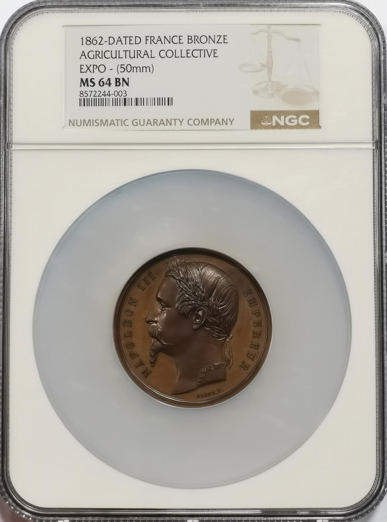 博洋堂世界钱币拍卖第150期（全场包邮） NGC MS64 拿破仑三世1862年伦敦农业博览会纪念铜章，73.2克，50mm大尺寸超大盒，正面拿破仑三世皇帝头像，背面为博览会法文，雕刻精美，高分不易。