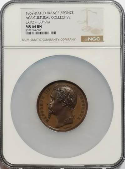博洋堂世界钱币拍卖第150期（全场包邮） NGC MS64 拿破仑三世1862年伦敦农业博览会纪念铜章，73.2克，50mm大尺寸超大盒，正面拿破仑三世皇帝头像，背面为博览会法文，雕刻精美，高分不易。