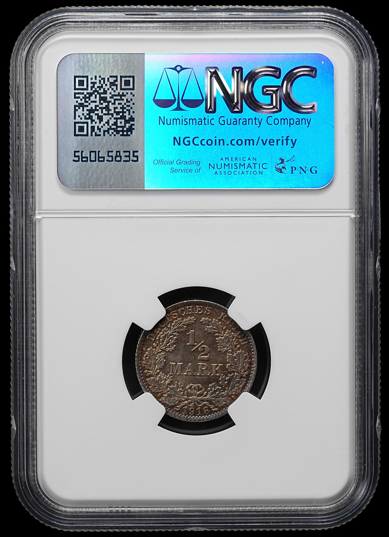 修遠堂世界钱币第九十六期 NGC MS65 1918年德国1/2马克银币 A厂铭 黑彩漂亮