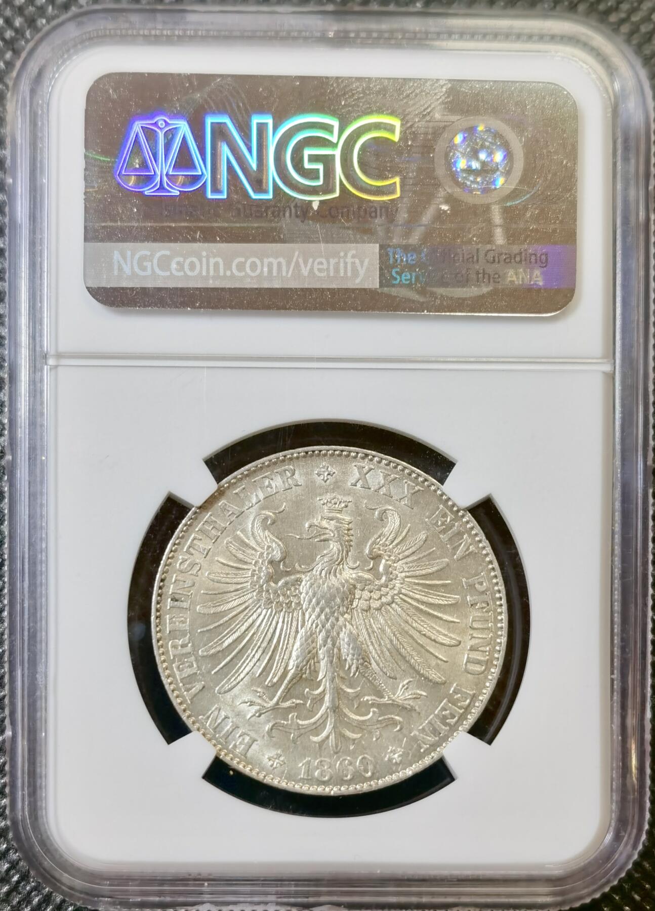 甄臻铺-世界币章拍卖（第42期）送拍享返佣金等优惠多多 NGC-MS61 1860 法兰克福少女（双发髻）1泰勒银币，转光明显