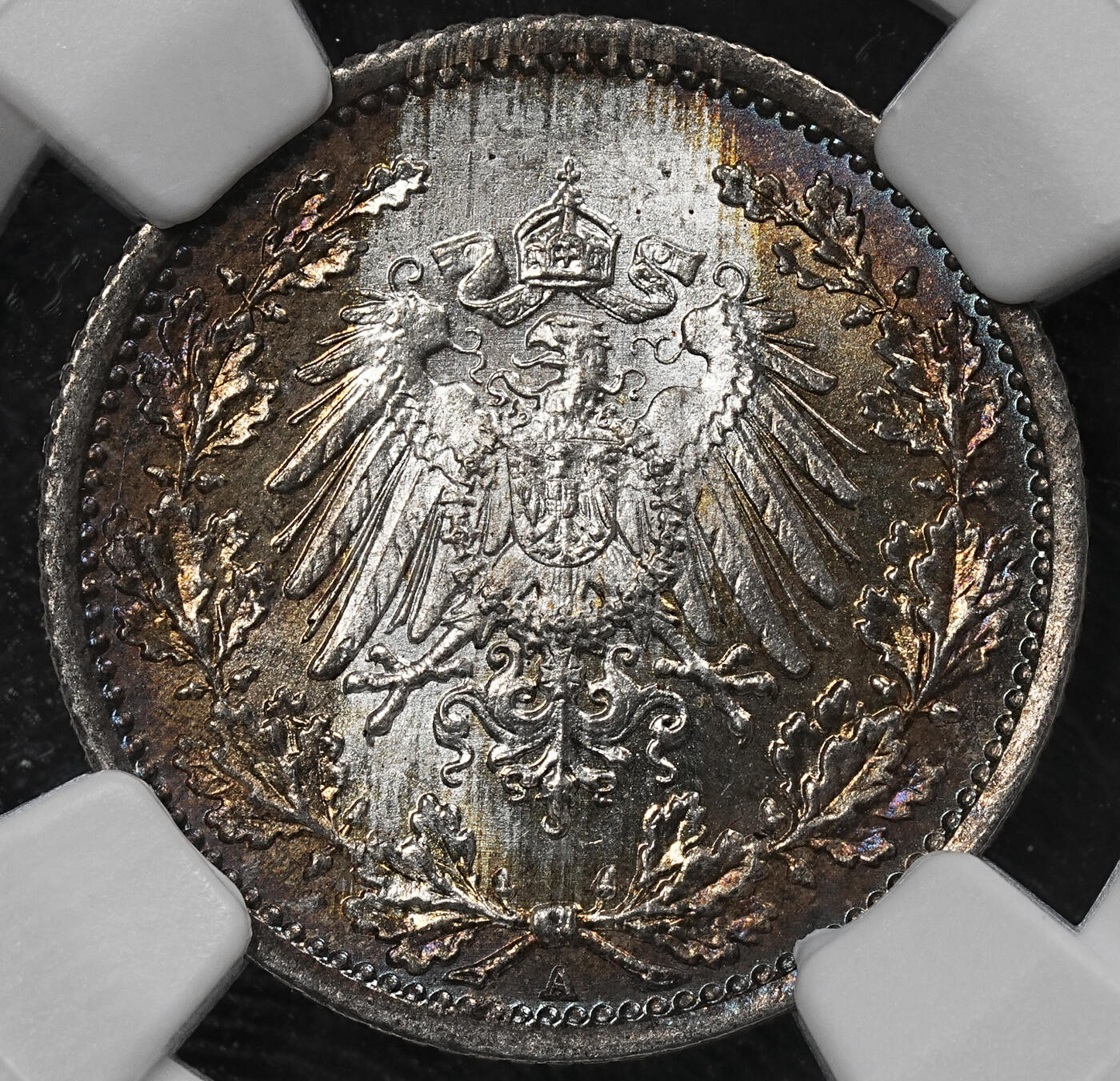 修遠堂世界钱币第九十六期 NGC MS65 1918年德国1/2马克银币 A厂铭 黑彩漂亮