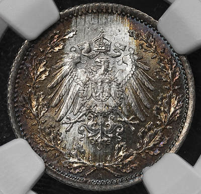 修遠堂世界钱币第九十六期 - NGC MS65 1918年德国1/2马克银币 A厂铭 黑彩漂亮