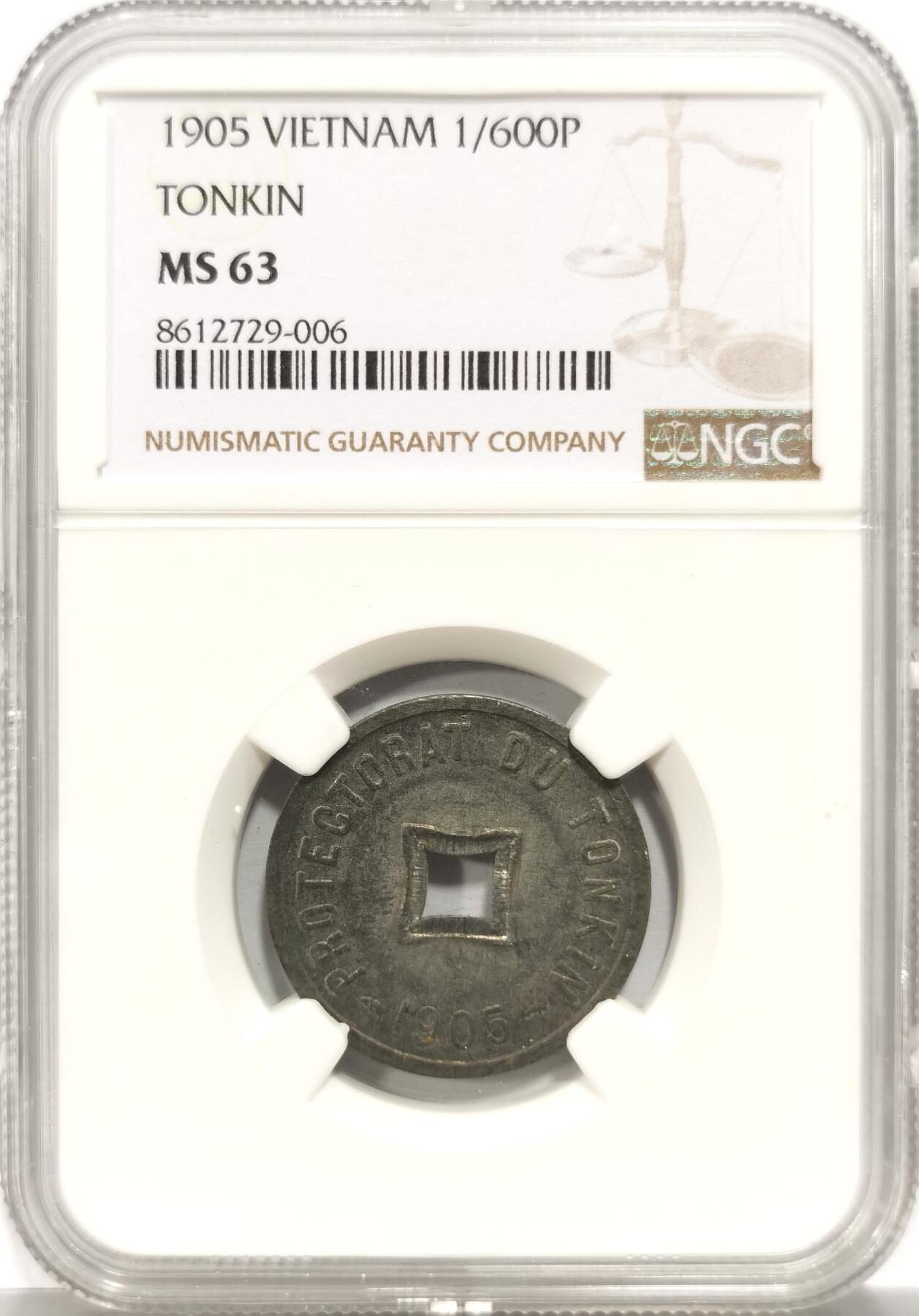 博洋堂世界钱币拍卖第150期（全场包邮） NGC MS63 法属越南东京湾1905年1/600P锌币，六百分之一通宝