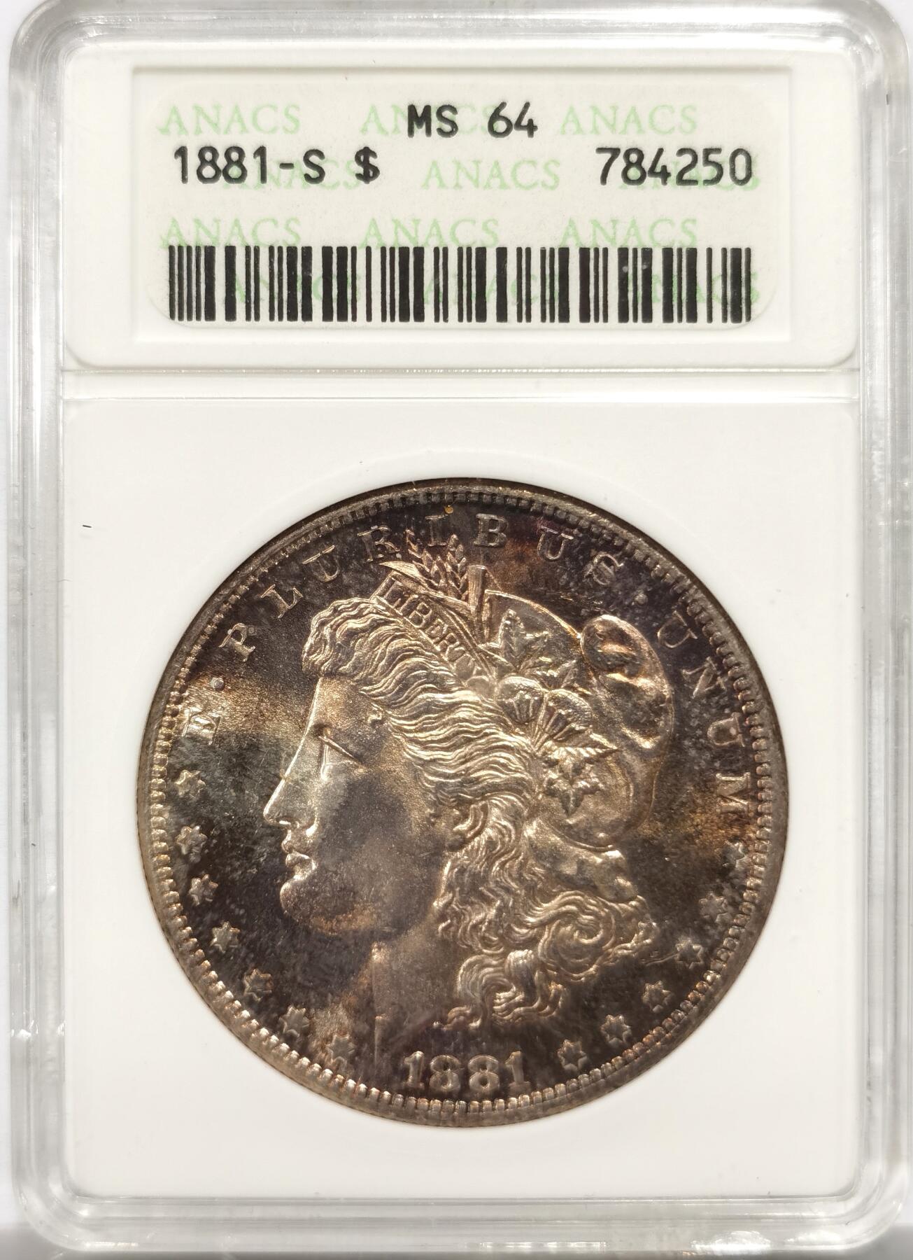 博洋堂世界钱币拍卖第150期（全场包邮） ANACS MS64 美国1881年摩根银币S版，原汁原味双面五彩老包浆，包浆醇厚，重彩包浆，状态一流。ANACS绝版经典小白盒，盒子本身就是古董级别的收藏品。