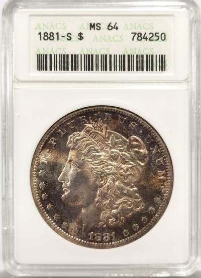 博洋堂世界钱币拍卖第150期（全场包邮） - ANACS MS64 美国1881年摩根银币S版，原汁原味双面五彩老包浆，包浆醇厚，重彩包浆，状态一流。ANACS绝版经典小白盒，盒子本身就是古董级别的收藏品。