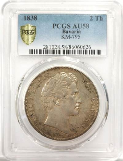 博洋堂世界钱币拍卖第150期（全场包邮） - PCGS AU58 德国巴伐利亚1838年恢复历史区划纪念2泰勒大银币