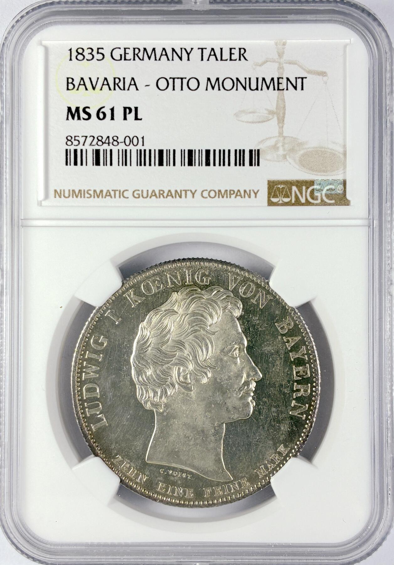 【雨安】【直播拍卖】【世界币章119期-评级币】2025-12-06 周六 19:30 保真 [评级德国] Germany 德国 德意志 1泰勒 巴伐利亚 1835年 奥托纪念碑 NGC-MS61PL