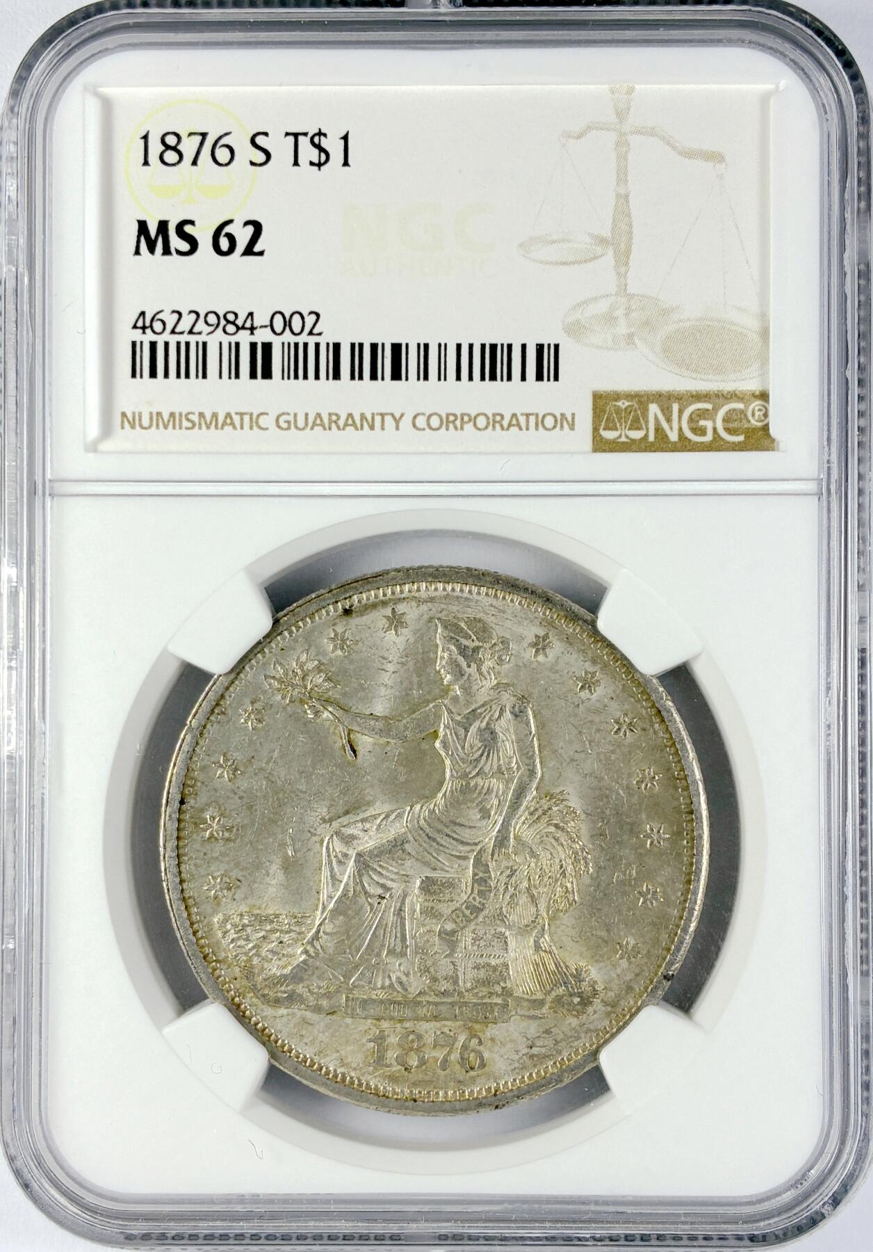 【雨安】【直播拍卖】【世界币章119期-评级币】2025-12-06 周六 19:30 保真 [评级美洲] USA 美国 贸易银 1美元 拿花 1876年S  NGC-MS62