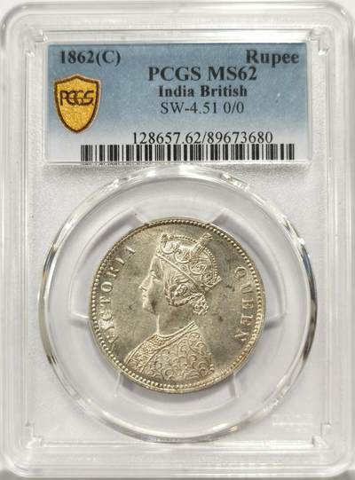 博洋堂世界钱币拍卖第150期（全场包邮） - PCGS MS62 英属印度1862年C版维多利亚1卢比银币，C版少见