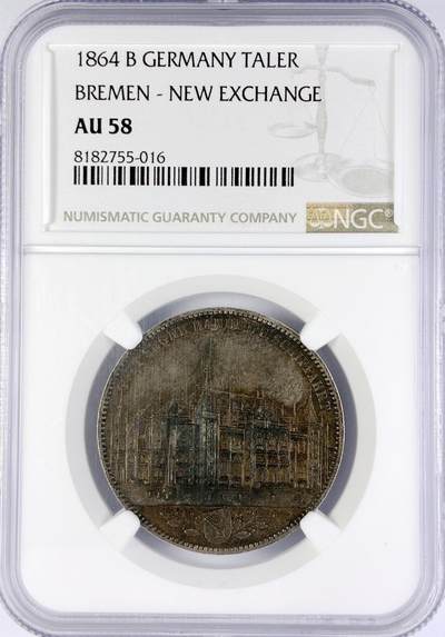 【雨安】【直播拍卖】【世界币章119期-评级币】2025-12-06 周六 19:30 保真 - [评级德国] Germany 德国 德意志 1泰勒 Bremen不莱梅 Thun.125 1864年 不莱梅交易所  NGC-AU58 名誉品种