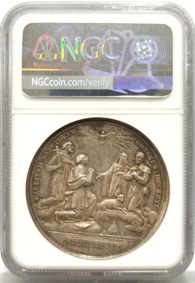 博洋堂世界钱币拍卖第150期（全场包邮） NGC MS63 梵蒂冈1882年教皇利奥十三世纪念大银章，降临题材，44mm大尺寸加厚盒，五彩包浆镜面底板，高浮雕。正面为教皇侧像，背面为年度新圣徒封圣仪式，神圣意味十足，宗教银章名誉品。